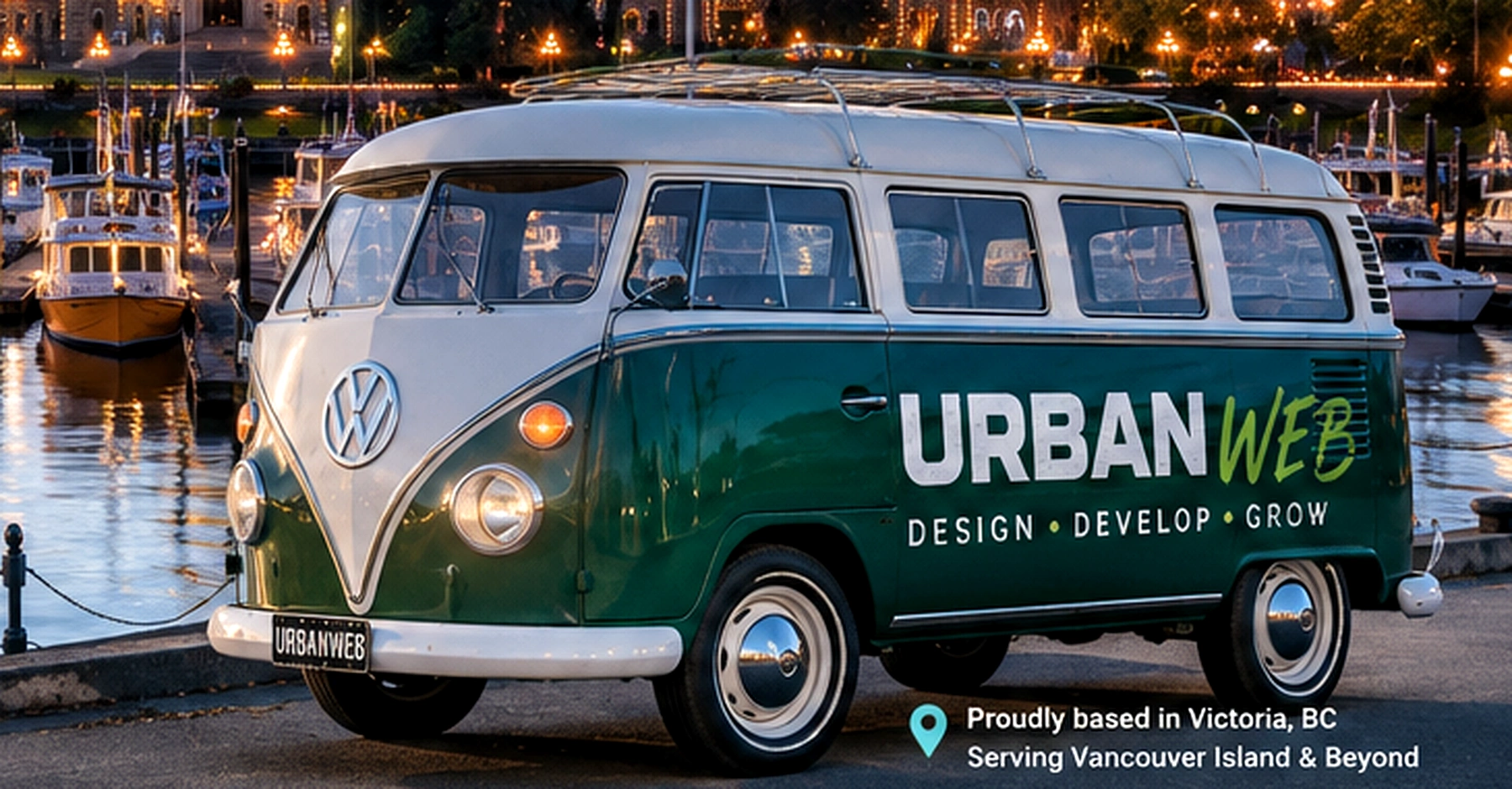 Vintage Urban Web Volkswagen van beside Victoria Inner Harbour